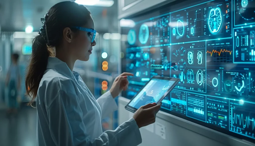 A scientist in a lab coat and protective eyewear interacts with a large digital touch screen displaying various medical images, charts, and data. Using big data and AI, she holds a tablet and appears to be analyzing the holographic display in a high-tech laboratory setting.