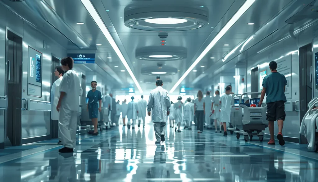 A sterile hospital corridor with bright overhead lighting. Doctors and nurses in white coats and scrubs walk or attend to patients on stretchers. Medical equipment and information boards are visible along the hallway, reflecting off the polished floor.