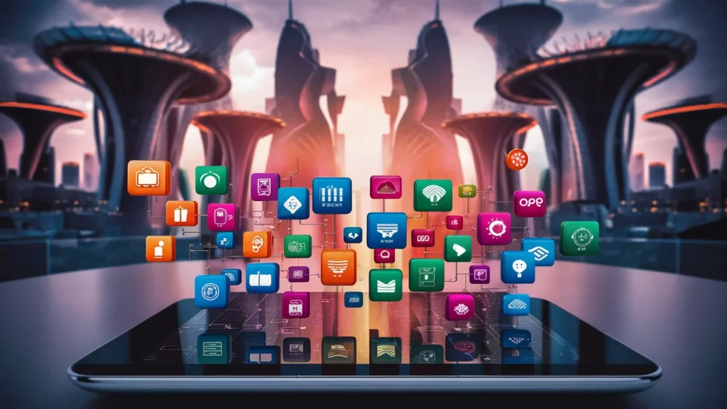 A digital tablet displays a variety of colorful no-code SaaS app icons floating above its screen, set against a futuristic cityscape with towering, mushroom-shaped buildings at sunset.