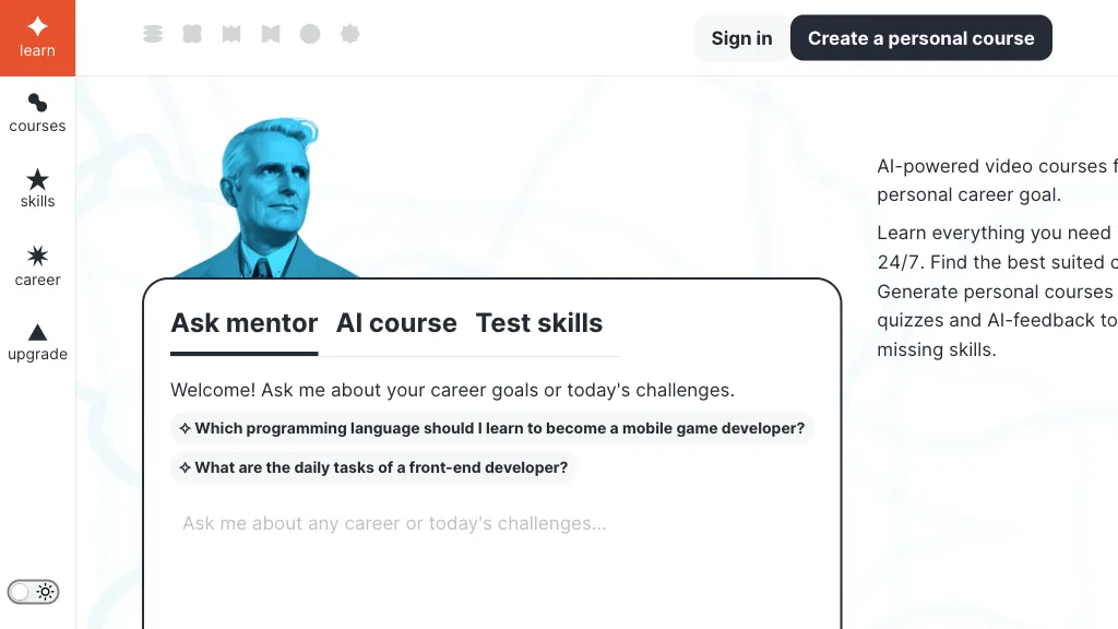 A web page shows a sidebar with "courses," "Ask mentor," "AI course," and "Test skills" options. The main section features a dialog box with career questions like "Which programming language should I learn to become a mobile game developer?.