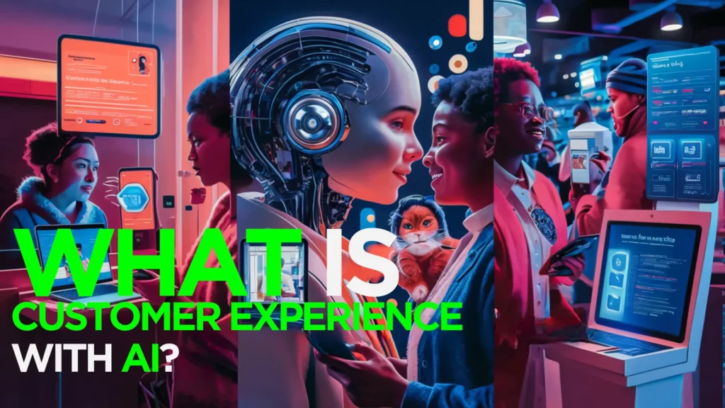 A futuristic scene depicts an AI robot interacting with a human in a tech-dense environment. Bright neon lights and advanced gadgets surround them. The text overlay reads "WHAT IS CUSTOMER EXPERIENCE WITH AI?" in bold, with prominence given to "WHAT IS".