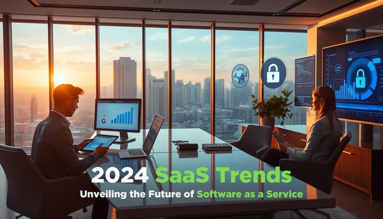 Two professionals in a modern office with floor-to-ceiling windows overlooking a cityscape at sunset. They are working on laptops displaying charts and security icons. "2024 SaaS Trends: Unveiling the Future of Software as a Service" is on the image, highlighting upcoming SaaS innovations.