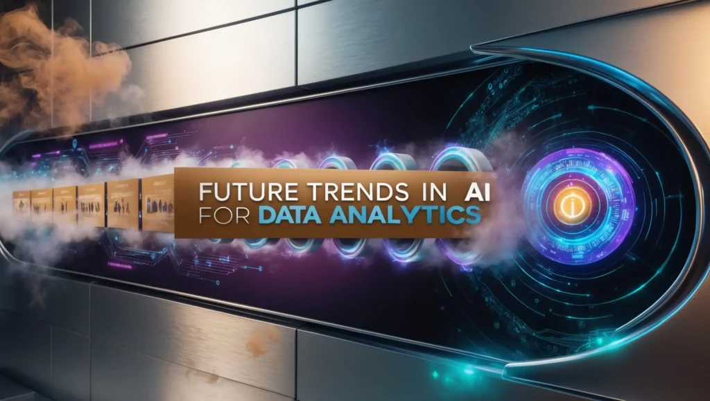 A futuristic display shows the text "Future Trends in AI for Data Analytics" in the center, with a high-tech design featuring digital elements and abstract visuals, including holographic rings and glowing circuitry, emphasizing cutting-edge AI for data analysis against a sleek, metallic background.