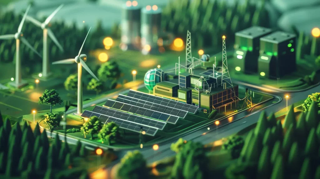 A futuristic, eco-friendly industrial complex with solar panels, wind turbines, and various green energy structures surrounded by trees and greenery. Enhanced by AI for Sustainability, the image has a vibrant and dynamic atmosphere, suggesting a focus on sustainable energy solutions.