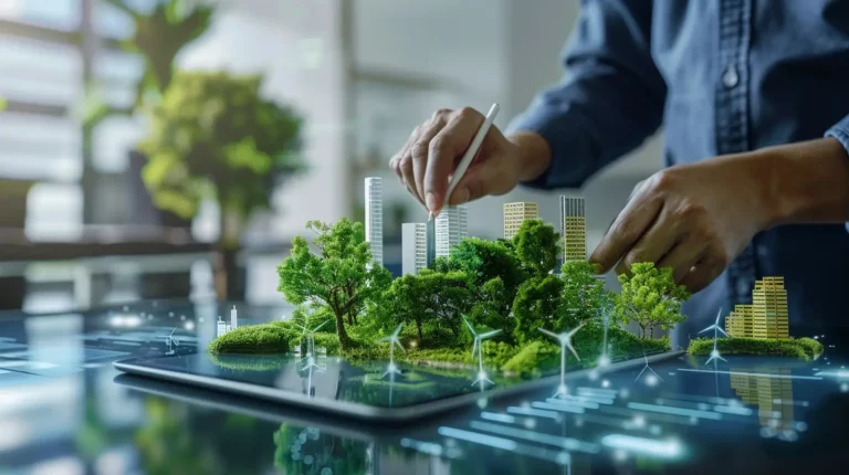 A person uses a stylus to design a virtual urban landscape featuring tall buildings, greenery, and wind turbines on a transparent tablet. Leveraging AI for Sustainability, the scene comes to life in a blurred office setting with natural light streaming through large windows.