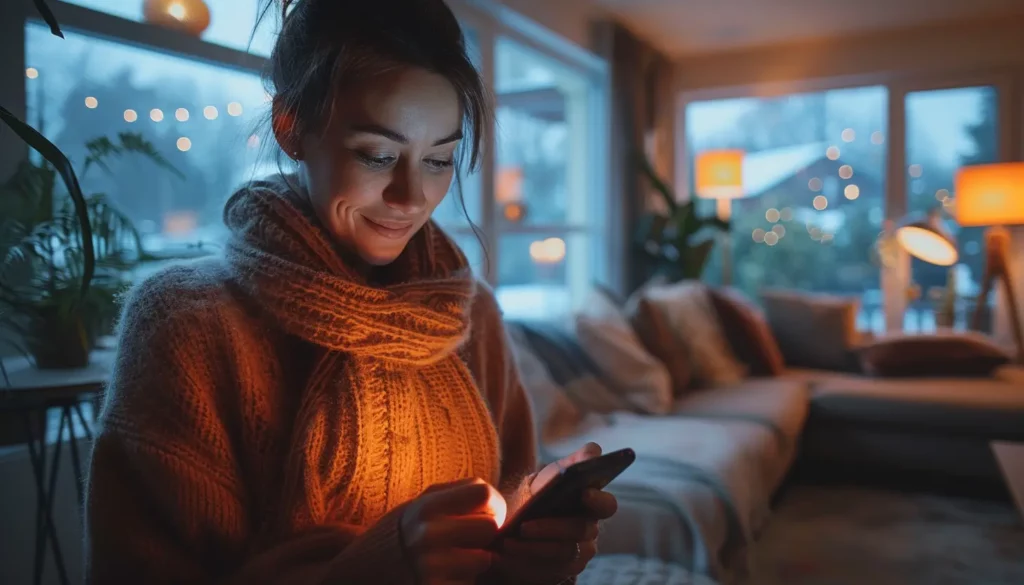 A woman in a cozy sweater is sitting in a warmly lit living room, smiling as she looks at her smartphone. The room has a large window with dusk outside, and is decorated with fairy lights and plants.