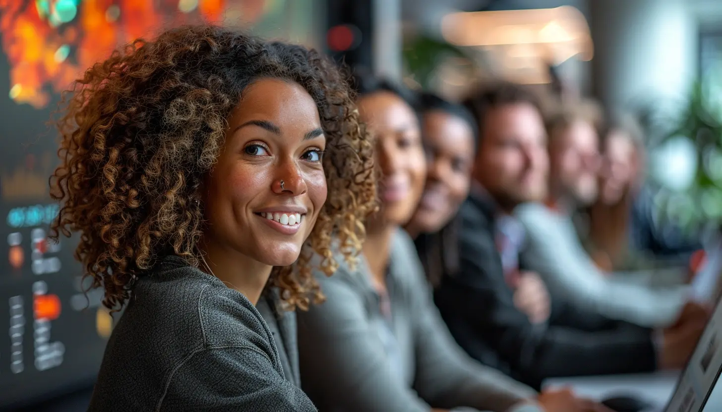 A smiling woman with curly hair and a nose ring sits at a conference table with five other people, discussing AI trust. The background shows blurred figures and a colorful screen with abstract data. The atmosphere appears collaborative and professional.