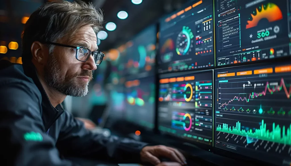 A person with glasses is intently looking at several computer monitors filled with colorful graphs, charts, and data. The setting appears to be a high-tech control room or a data analysis center focused on scaling SaaS solutions. The ambient lighting is dim, with a focus on the screens' glow.