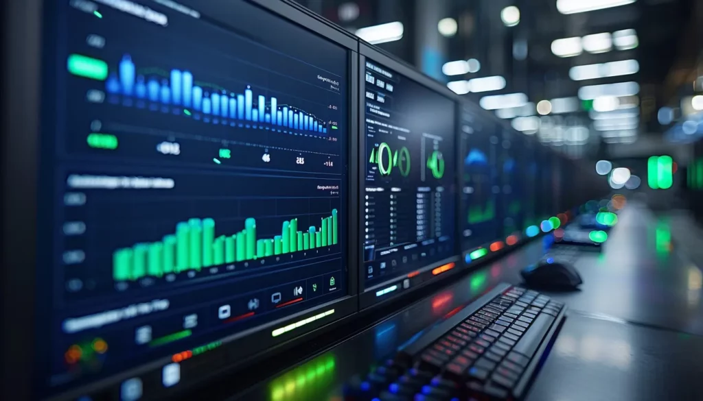 A series of computer monitors display various colorful graphs and charts, indicating data analysis and monitoring in a control room. The screens show bar graphs, line charts, and data metrics essential for scaling SaaS operations. A keyboard with rainbow backlighting is visible in the foreground.