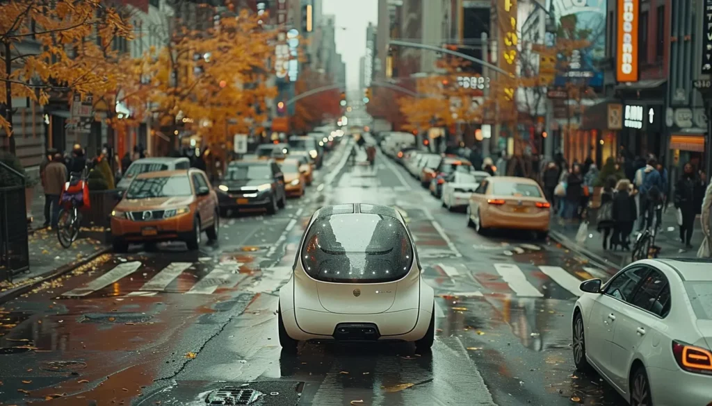 A futuristic white car drives along a wet, busy city street lined with cars and fall foliage. The overcast sky reflects on the road as pedestrians walk on sidewalks past brightly lit storefronts. This AI-trust-assisted vehicle navigates deftly, creating a vibrant urban scene enhanced by cutting-edge technology.