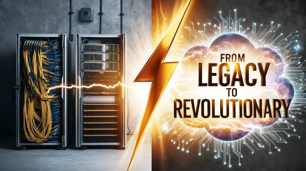 Two server racks with cables on the left, separated by a lightning bolt from the glowing text on the right that reads "From Legacy to Revolutionary" with a circuit pattern. The background is a concrete wall and a dynamic light effect merging the two sides.