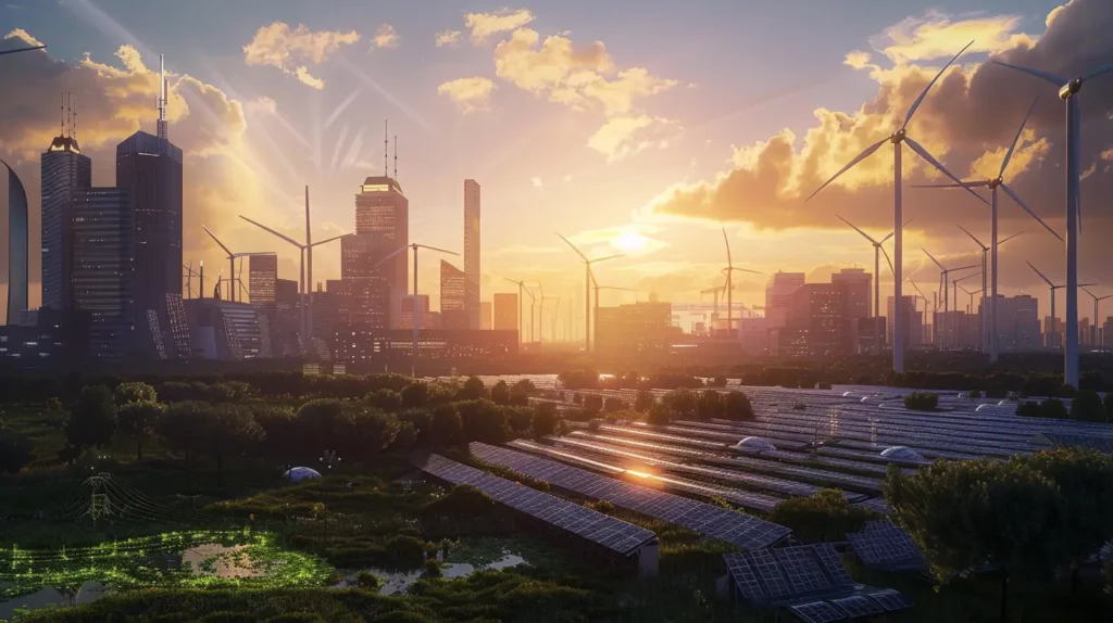 A futuristic cityscape at sunset features numerous wind turbines and solar panels, showcasing AI for Sustainability. The skyline includes modern high-rise buildings, and the golden sunlight enhances the vibrant greenery around the renewable energy installations.