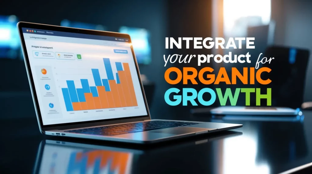 A laptop displaying a bar graph on its screen is placed on a dark table. The text "INTEGRATE your product for ORGANIC GROWTH" is prominently displayed to the right. The background is blurred, emphasizing the laptop and the text.