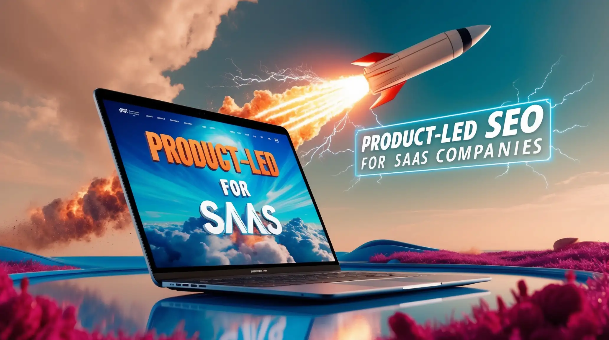 A laptop on a surface, displaying the text "Product-Led for SaaS" on its screen against a background of blue sky and clouds. A rocket is flying upwards with a trail of flames and smoke, accompanied by the text "Product-Led SEO for SaaS Companies" in the sky.