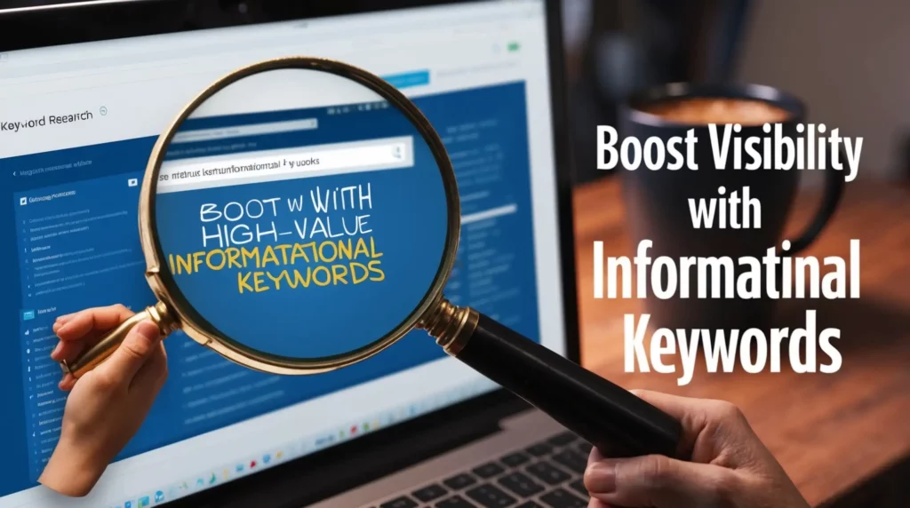 A person holds a magnifying glass over a laptop screen displaying the text "Boost with High-Value Informational Keywords." To the right, the text reads "Boost Visibility with Informational Keywords." The laptop shows a webpage labeled "Keyword Research.