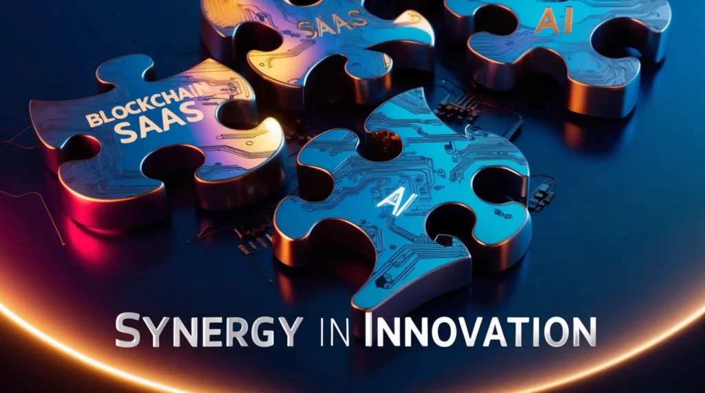 Four interconnected puzzle pieces labeled "SAAS," "BLOCKCHAIN," "AI," and another "AI," set against a dark background with a neon glow. The text "SYNERGY IN INNOVATION" is displayed prominently in the foreground.