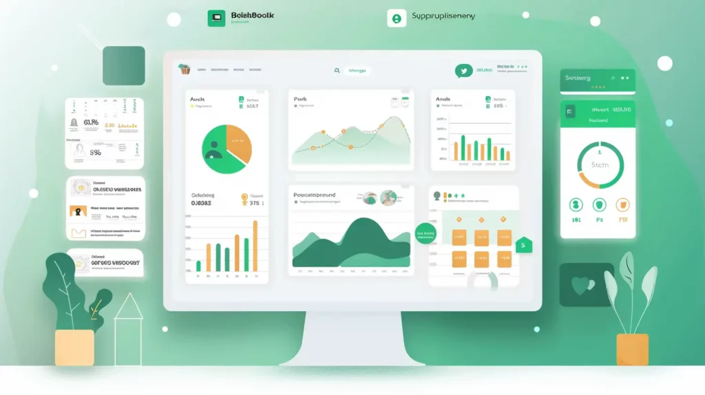 A computer monitor displaying a dashboard with various colorful charts, graphs, and widgets representing financial or business analytics for nonprofit software. Icons for book, calendar, and progress tracking are present. The background is a gradient of green and white.