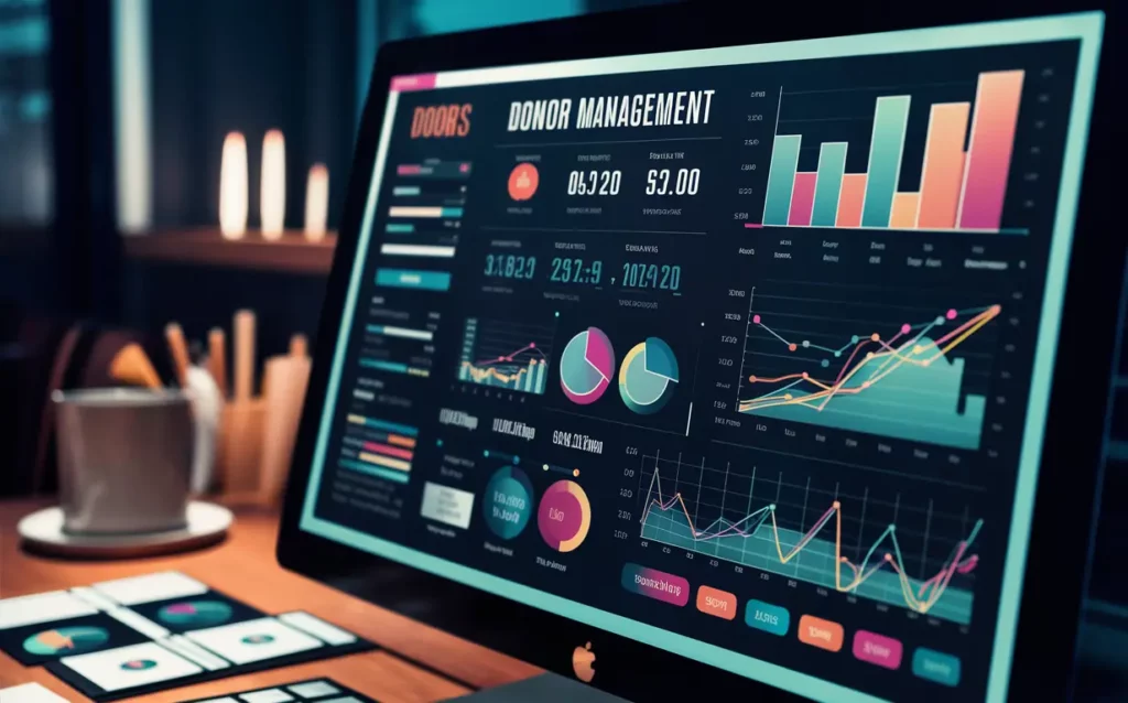 A computer monitor on a desk displays a colorful dashboard for donor management, with various charts, graphs, and metrics from nonprofit software. The background features a dimly lit room with office supplies and a coffee cup visible.