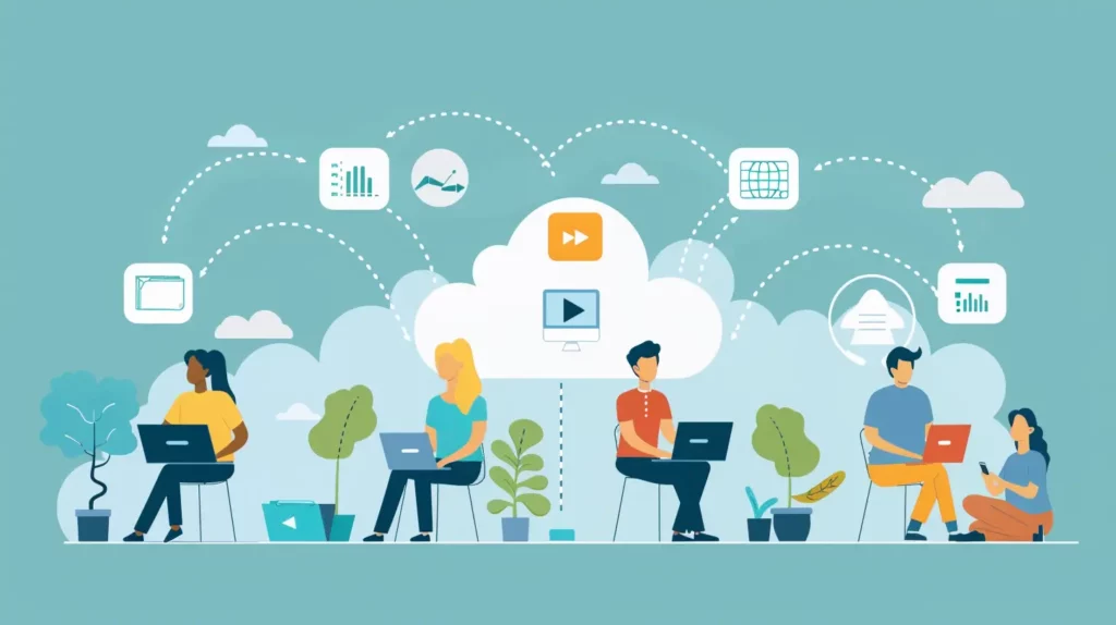 Illustration of four people sitting and working on laptops with cloud icons above them, symbolizing nonprofit software, cloud computing, and data sharing. Each person is surrounded by plants, creating a green and tech-savvy environment. Dotted lines connect various data icons to the cloud.