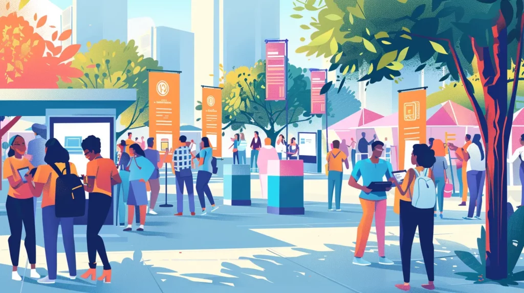 An outdoor event with people gathered in groups, socializing, and using electronic devices. Colorful banners and informational booths line the walkway, some highlighting nonprofit software. Trees and tall buildings are in the background. The scene is vibrant with a mix of activities.
