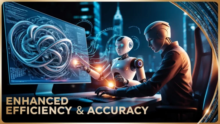 A human and a robot collaborate at a high-tech computer terminal displaying complex data visualizations. Bright neon circuits and a futuristic cityscape in the background emphasize technological advancement. Text on the image reads, "Enhanced Efficiency & Accuracy with AI for Data Analysis.