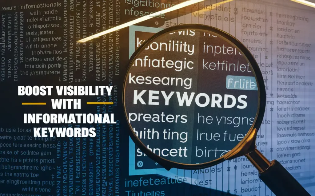 A magnifying glass highlighting the word "KEYWORDS" with surrounding random text on a dark, data-like background. Bold white text on the left reads "BOOST VISIBILITY WITH INFORMATIONAL KEYWORDS." The image suggests a focus on SEO and visibility enhancement.