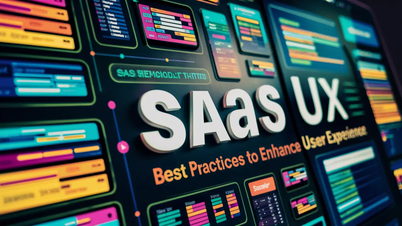 A colorful digital graphic displaying various software interface elements with the large text "SaaS UX" at the center. Below it, smaller text reads "Best Practices to Enhance User Experience." The surrounding panels contain abstract layouts and data visualizations.