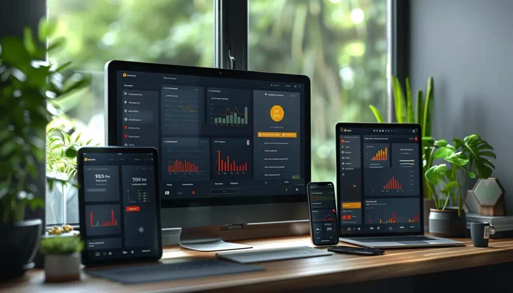 A desktop computer, laptop, tablet, and smartphone display various graphs and data on dark-themed SaaS UX dashboards. They are placed on a wooden desk near a window with lush green plants. The workspace is neat and modern, with natural light streaming in.