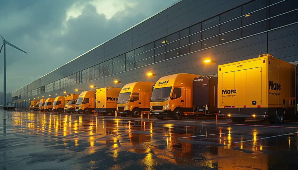 A row of yellow delivery trucks is lined up near a large, modern warehouse with "Mark's" branding. The ground is wet from rain, illuminated by warm, industrial lights reflecting off the puddles. Enhanced with AI in logistics, the efficient operation hums under a wind turbine in the background.