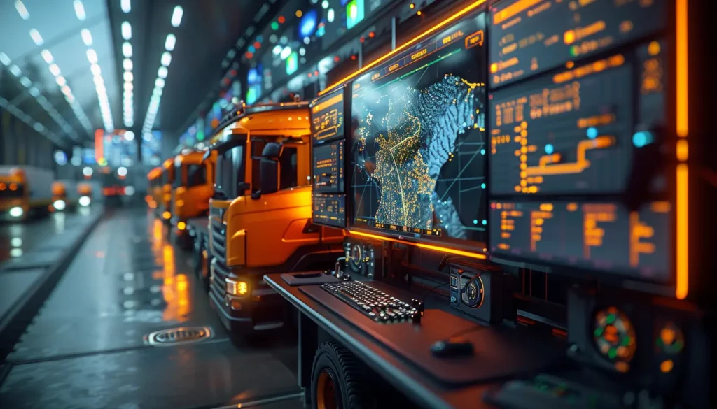 A futuristic logistics center with several orange trucks lined up. A digital control station utilizing AI in logistics displays detailed maps and data on multiple screens. The scene is illuminated by cool and warm lighting, creating a high-tech and organized ambiance.