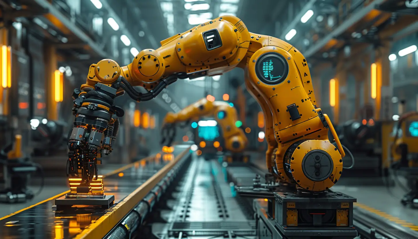 A factory setting with orange robotic arms working on an assembly line. The foreground robot uses a mechanical gripper to handle small components, showcasing the integration of AI in logistics. Another identical robotic arm is visible in the background, highlighting an advanced automated manufacturing process.