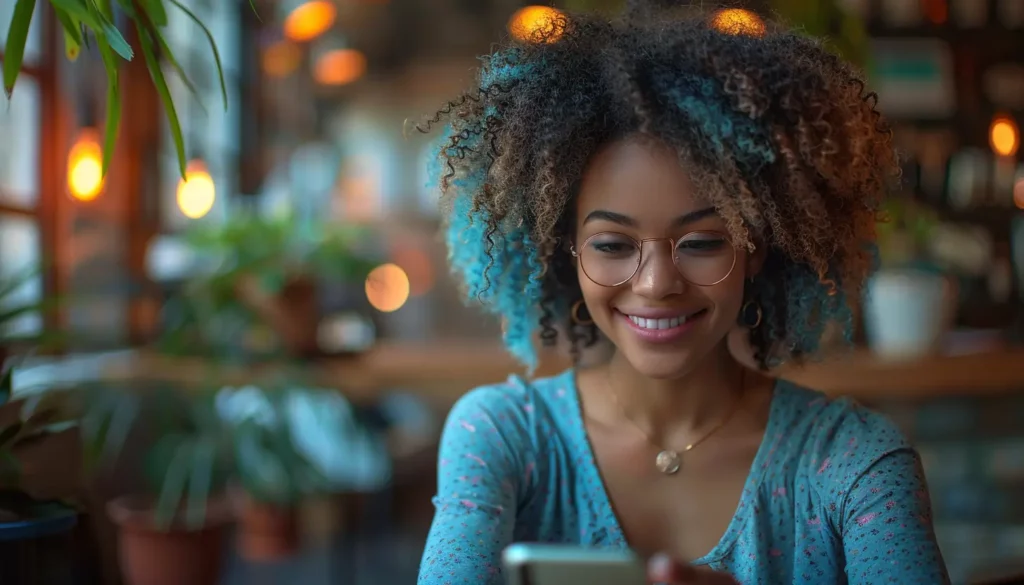 A young woman with curly hair, highlighted with blue streaks, and wearing glasses is smiling at her phone in a cozy, warmly lit café. She is dressed in a light blue top, possibly reading about the latest SaaS innovations, and appears to be enjoying her time in a relaxed atmosphere with plants around.