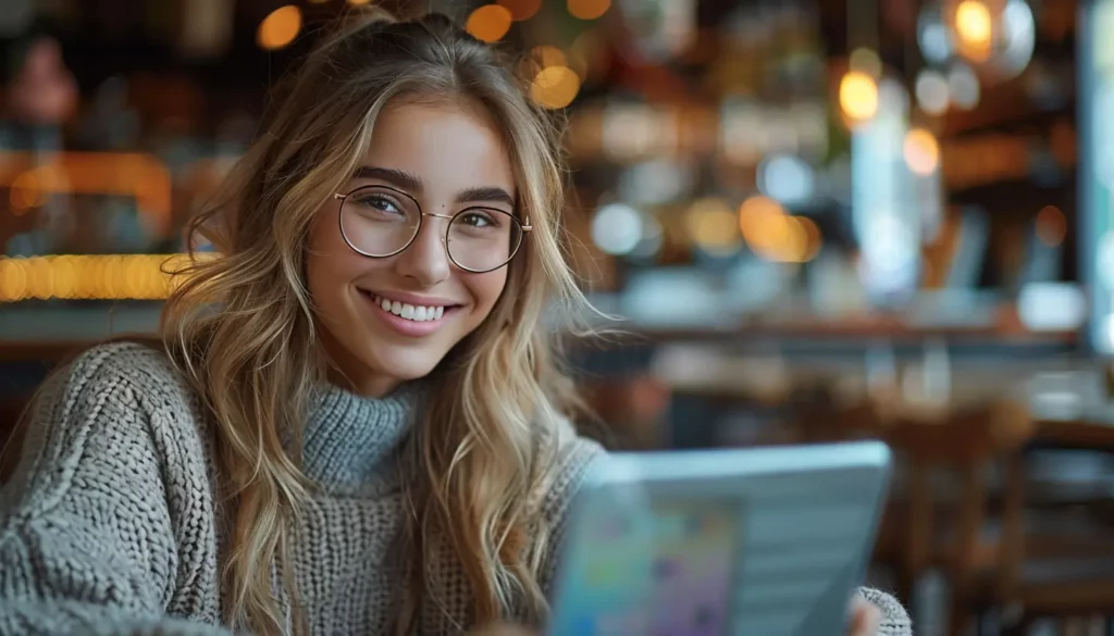 A smiling person with long, wavy hair and glasses, wearing a cozy sweater, is sitting in a warmly lit cafe holding a tablet. The blurred background features a mix of lights and decor, giving the scene a cozy and inviting atmosphere—perfect for exploring the latest SaaS innovations.