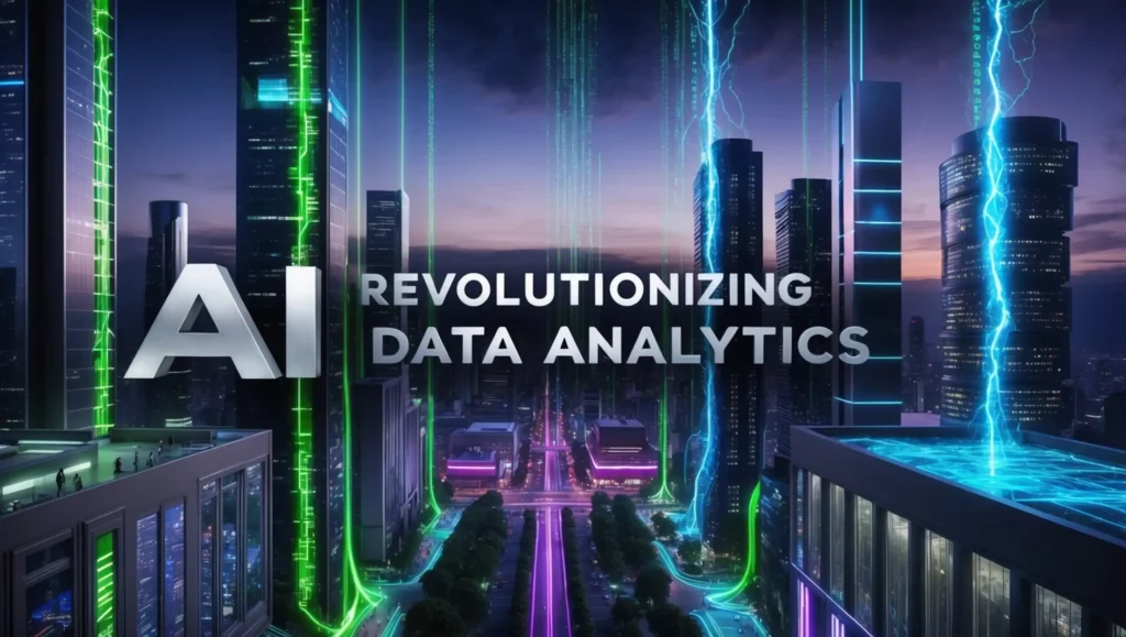 A futuristic cityscape at dusk with glowing neon lights and vibrant energy beams between buildings. Large text reads "AI for Data Analysis Revolutionizing Data Analytics" in the foreground. The scene evokes a high-tech, sci-fi atmosphere.