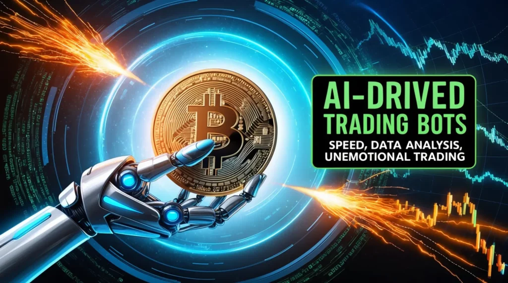 A futuristic robotic hand holding a Bitcoin amid digital data streams and sparks. Text on the right reads, "AI-Driven Trading Bots - Speed, Data Analysis, Unemotional Trading" with a Bitcoin logo accompanying the text. Bright blue and orange hues dominate the scene, highlighting AI Strategies for Cryptocurrency.