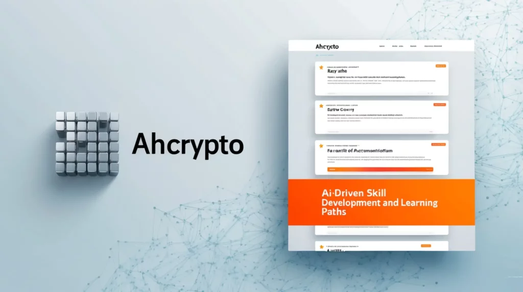 The image shows a digital interface on a light blue background with a pixelated block icon and the text "Ahcrypto" on the left. On the right, a window titled "AI-Driven Skill Development and Learning Paths" highlighted in orange, displays various learning modules, emphasizing AI in freelance opportunities.