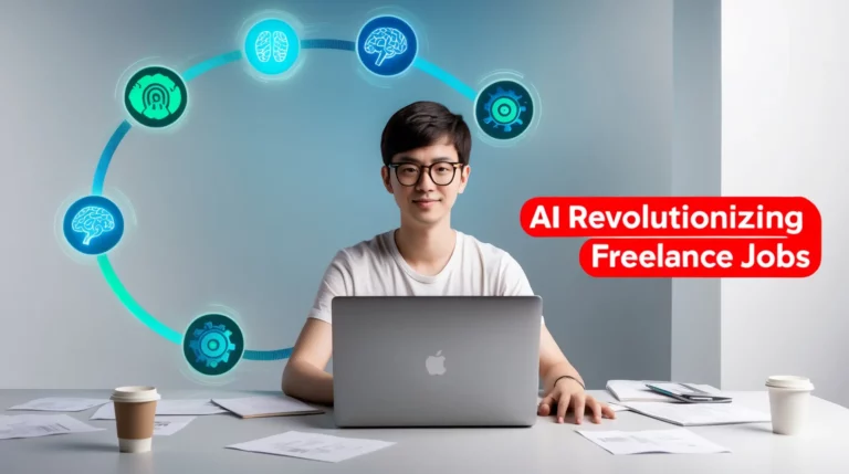 A person sits at a desk working on a laptop surrounded by papers and two coffee cups. Above, icons representing AI concepts are connected in a semicircle. A red overlay with text reads "AI in Freelancing: Revolutionizing Freelance Jobs.