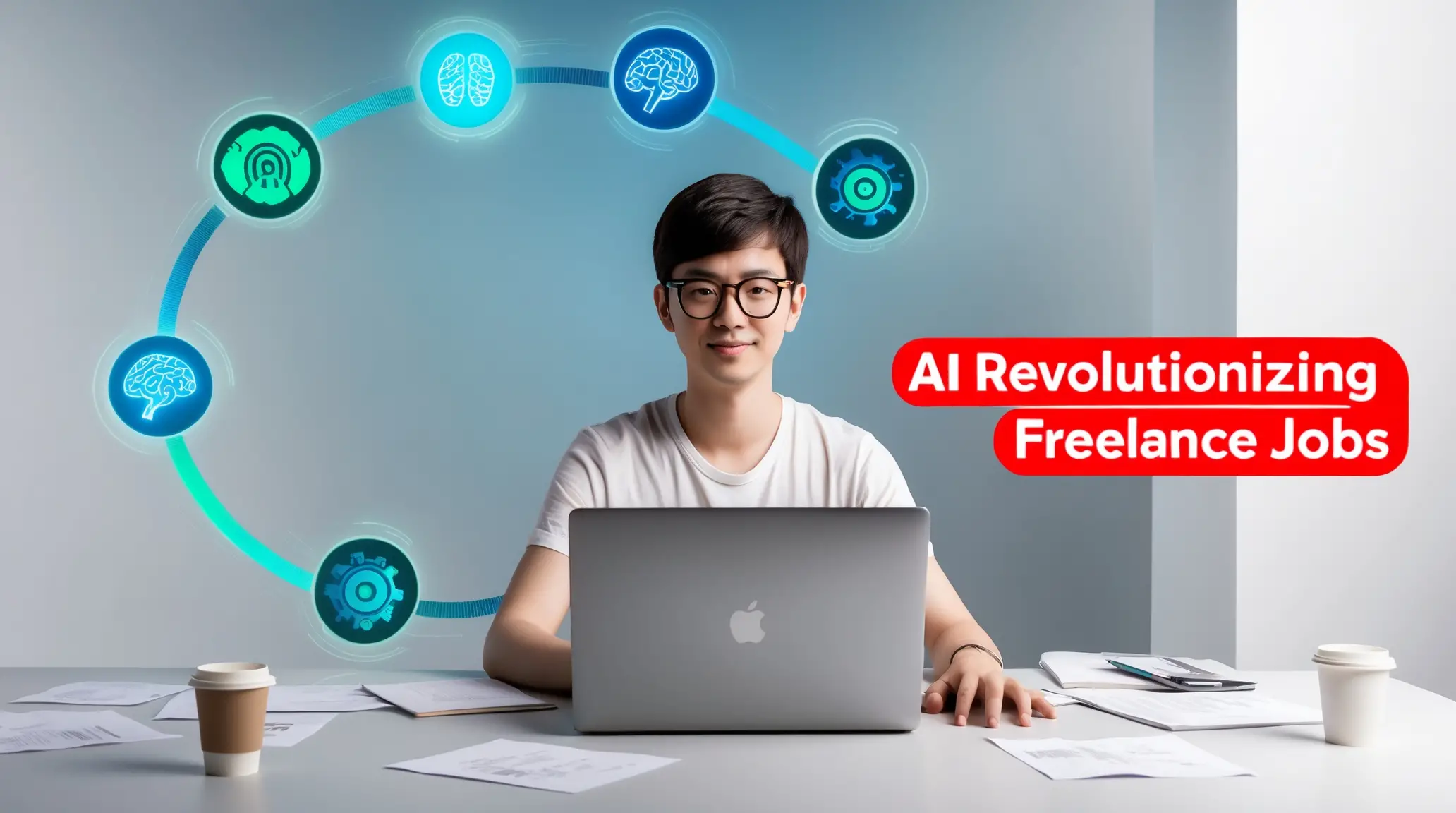 A person sits at a desk working on a laptop surrounded by papers and two coffee cups. Above, icons representing AI concepts are connected in a semicircle. A red overlay with text reads "AI in Freelancing: Revolutionizing Freelance Jobs.