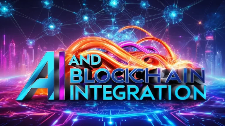 A vibrant graphic featuring the text "AI-Powered Blockchain Integration" in futuristic, illuminated fonts. Background elements include glowing blue nodes connected by lines and flowing neon-colored waveforms, signifying technology and connectivity.