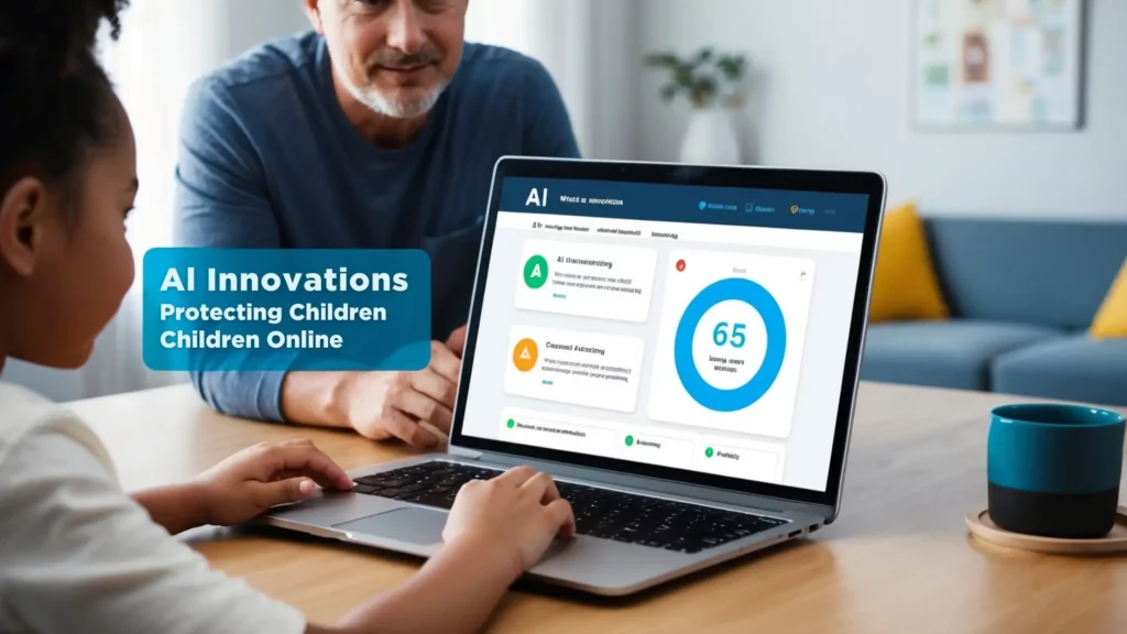 A child sits at a table using a laptop displaying an AI Innovations dashboard titled "Protecting Children Online." An adult looks over the child's shoulder as the screen shows statistics and a circular graph with a score of 65, highlighting AI Policy Guidance for Children's Safety.