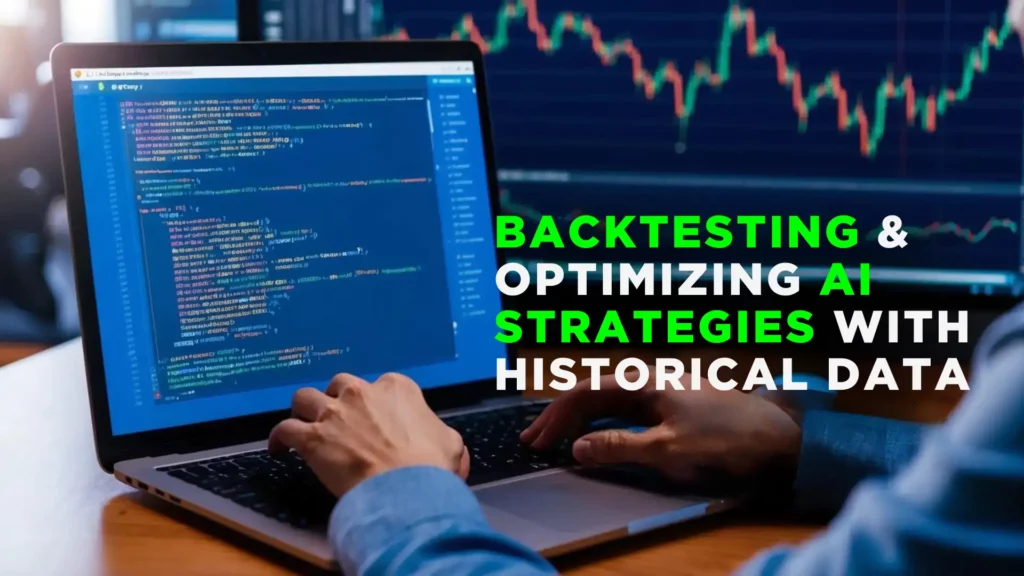 A person types code on a laptop with a screen displaying charts and graphs in the background. Text on the image reads "Backtesting & Optimizing AI Strategies with Historical Data.