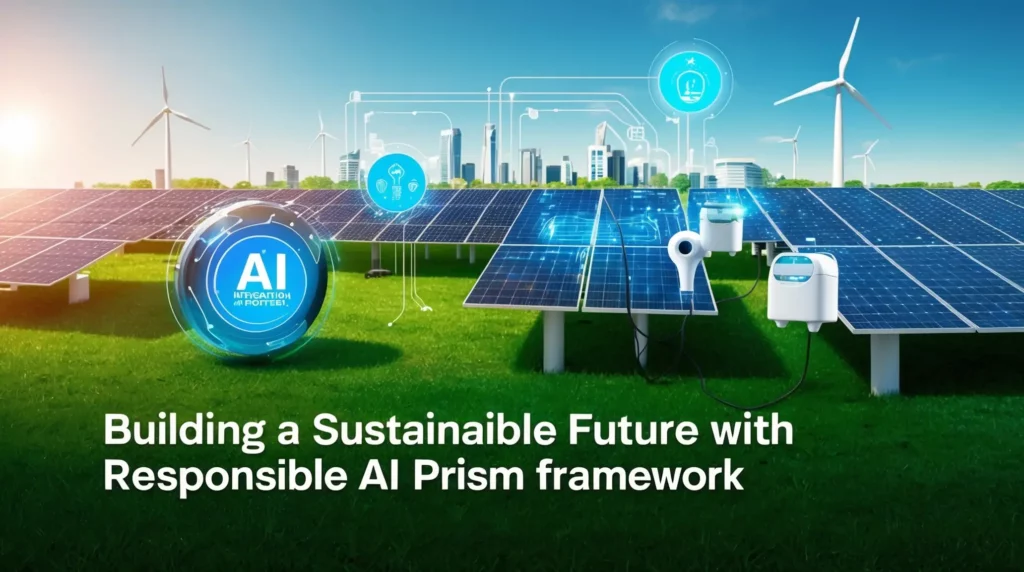 A field of solar panels and wind turbines under a blue sky with a city skyline in the background. Digital icons and circuit lines overlay the image, indicating Responsible AI technology. The text reads, "Building a Sustainable Future with Responsible AI Prism framework.