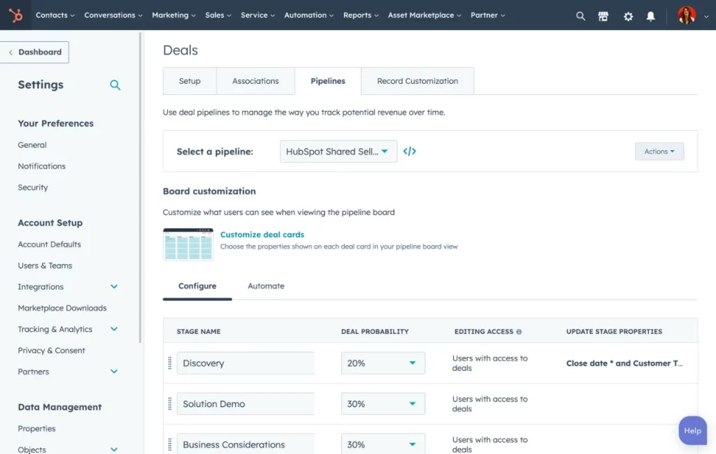 Screenshot of a "Deals" settings page from a HubSpot dashboard. The page allows users to select and customize a pipeline and view stages with columns for stage name, deal probability, editing access, and properties. Navigation tabs are visible at the top.