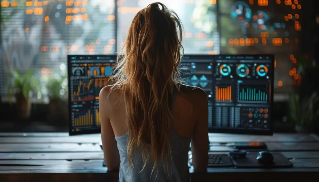 A woman with long hair is sitting in front of two large computer monitors displaying complex data and graphs, analyzing AI-powered blockchain metrics. She is in a modern, tech-filled workspace with glowing screens and a wooden desk. The background features out-of-focus lights and some greenery.