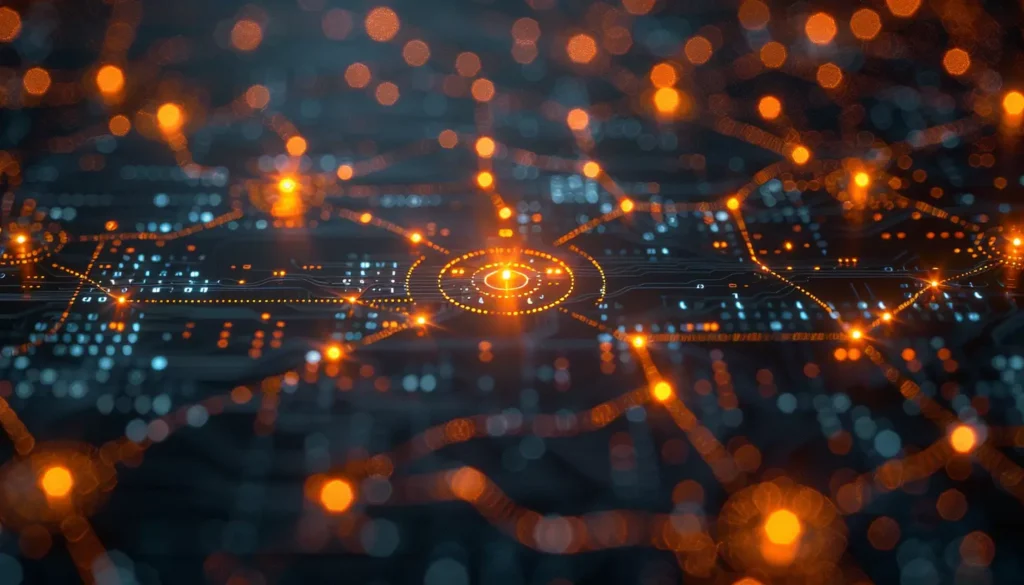 A futuristic digital network with glowing orange nodes interconnected by lines against a dark background. The central node, echoing Blockchain Technology, is highlighted with concentric circles, while other smaller nodes form a complex, illuminated web resembling a high-tech Web3 circuit board.