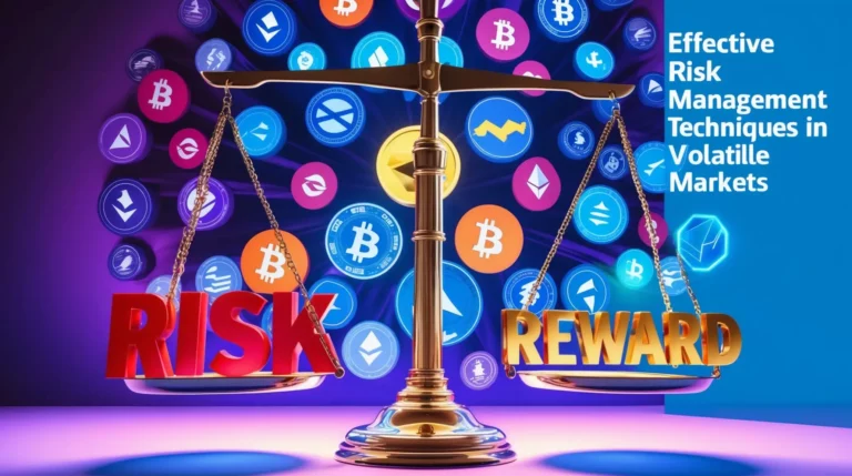 A golden balance scale with "RISK" on the left pan and "REWARD" on the right pan. The background features various cryptocurrency logos. The text "Effective Risk Management Techniques in Volatile Markets: AI Strategies for Cryptocurrency Trading" is displayed on the right side of the image.