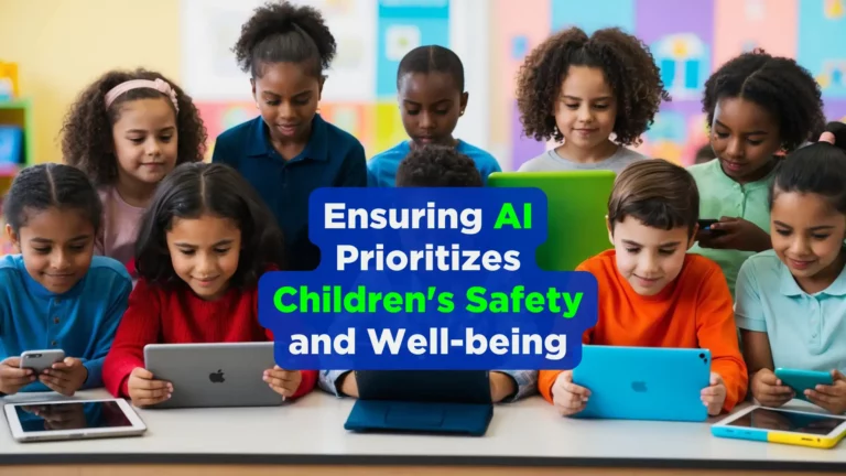 A diverse group of children is seated at a table, engaged with various digital devices such as tablets and laptops. The text overlay reads, "Ensuring AI Prioritizes Children's Safety and Well-being." The background shows a colorful, bright classroom setting, highlighting the need for AI Policy Guidance for Children's Safety.