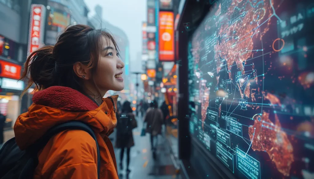 A young woman in an orange jacket examines an AI-powered digital map on a bustling city street at night. The interactive display shows blockchain data and glowing markers. The street lights and signs are illuminated, while people walk by in the background.