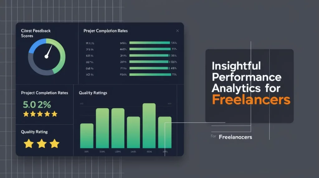 A dark-themed dashboard showcases performance analytics for freelancers, featuring graphs and charts. Metrics include client feedback scores, project completion rates, and quality ratings. With AI in freelance incorporated, the text reads "Insightful Performance Analytics for Freelancers.