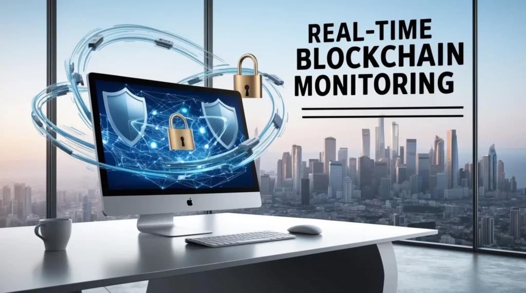 An office with a computer screen displaying digital shields and padlocks, symbolizing security. Text reads "Real-Time AI-Powered Blockchain Monitoring." The backdrop features a cityscape with skyscrapers visible through large windows.